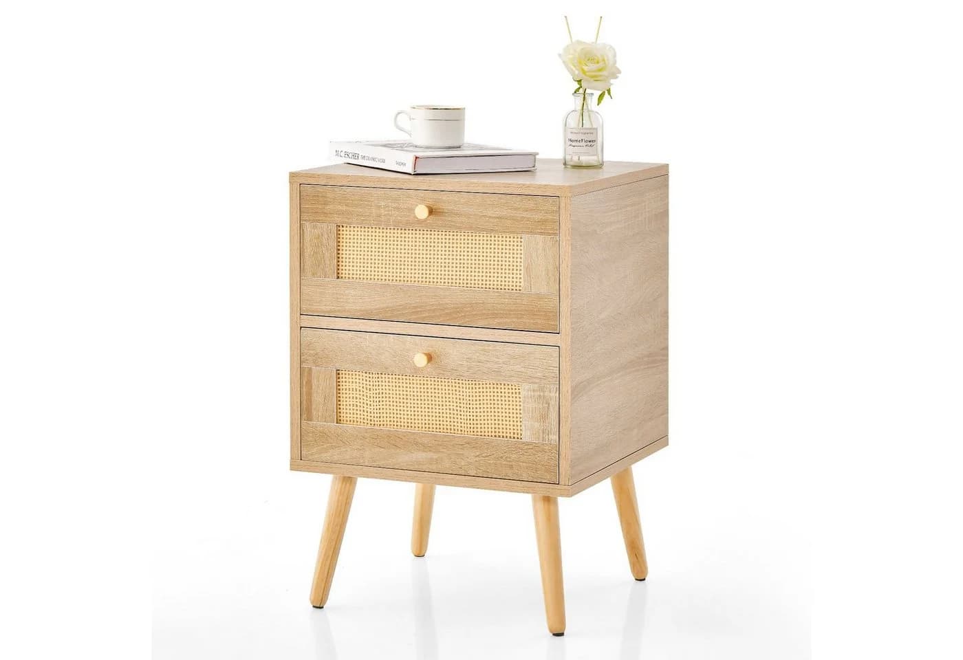 COSTWAY Nachttisch Beistelltisch 2-Schubladen Rattan Holz