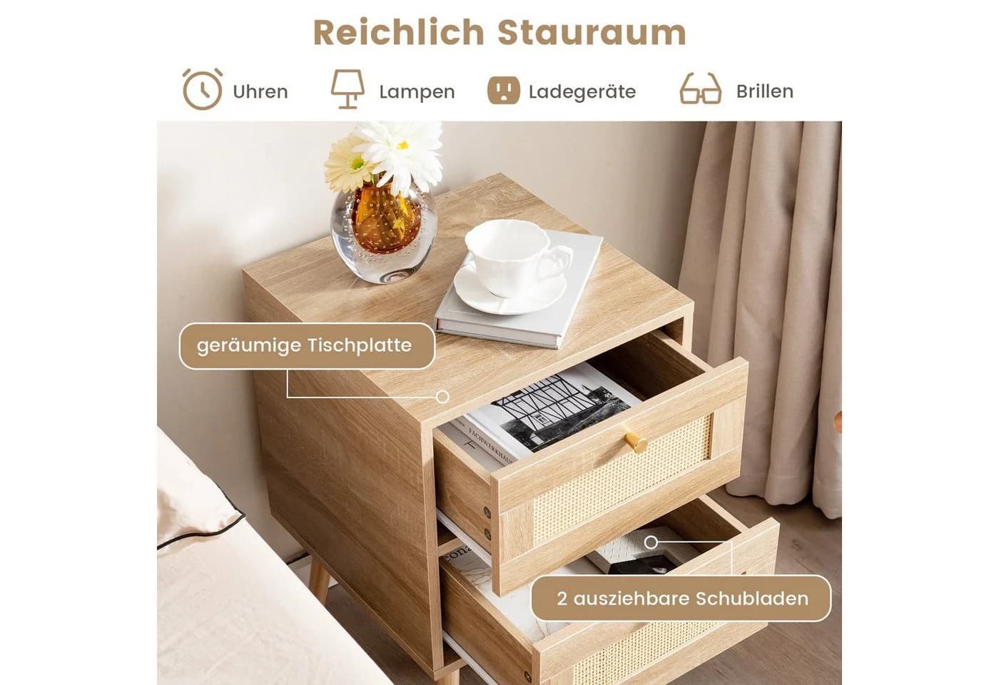 COSTWAY Nachttisch Beistelltisch 2-Schubladen Rattan Holz - Bild 3