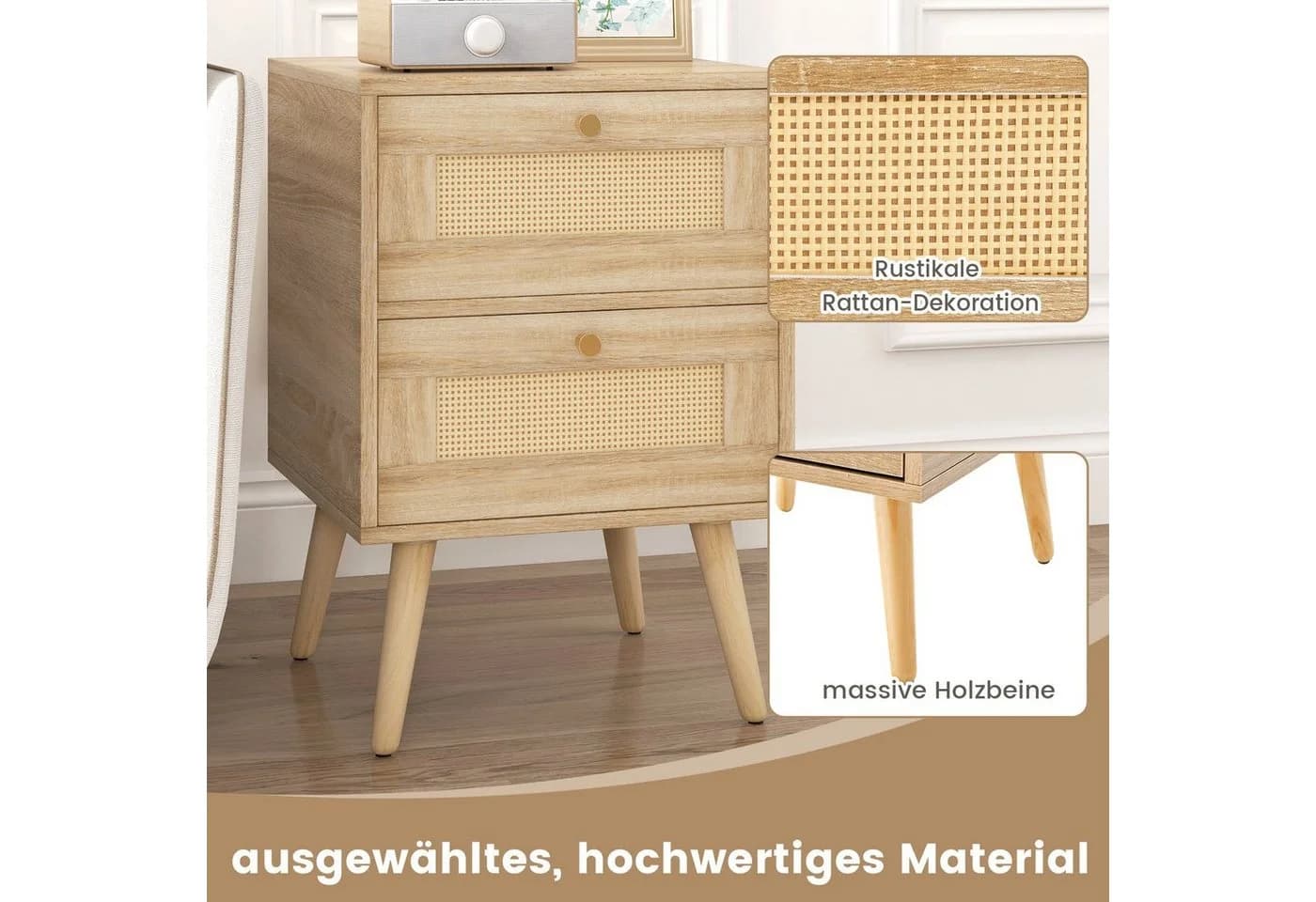 COSTWAY Nachttisch Beistelltisch 2-Schubladen Rattan Holz - Bild 4