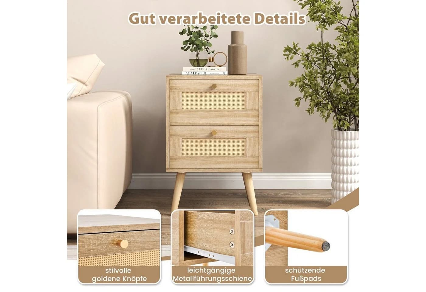 COSTWAY Nachttisch Beistelltisch 2-Schubladen Rattan Holz - Bild 5