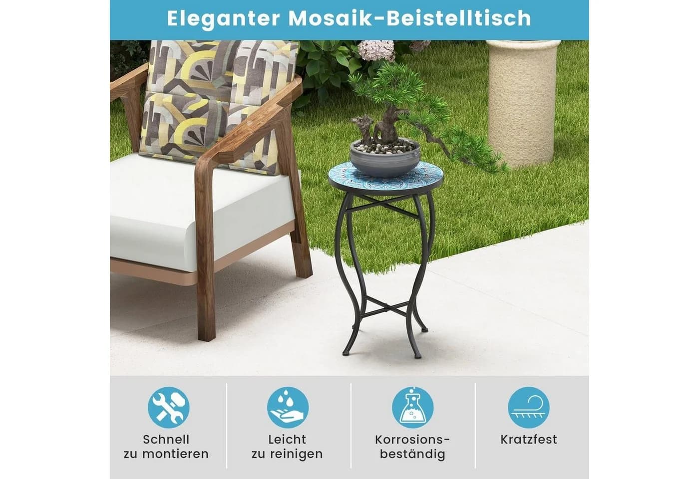 COSTWAY Gartentisch Mosaiktisch rund aus Metall & Keramik - Bild 5