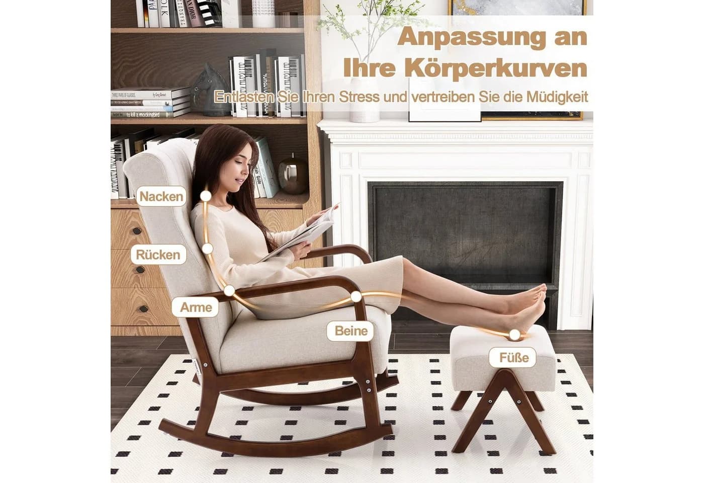 COSTWAY Schaukelstuhl mit Hocker Beige/Grau Massivholz