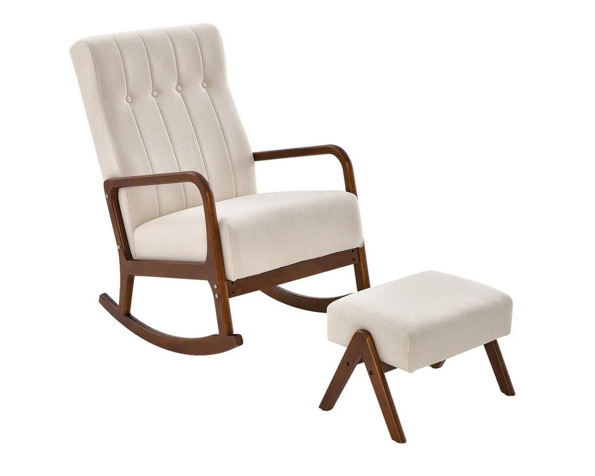 COSTWAY Schaukelstuhl mit Hocker Beige/Grau Massivholz - Bild 2