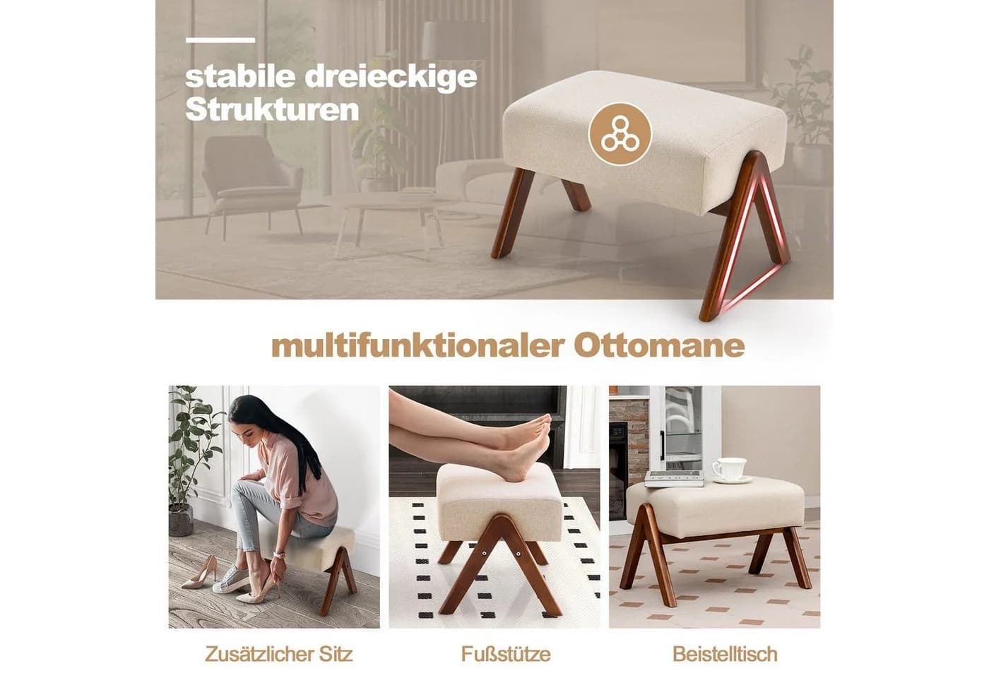 COSTWAY Schaukelstuhl mit Hocker Beige/Grau Massivholz - Bild 4