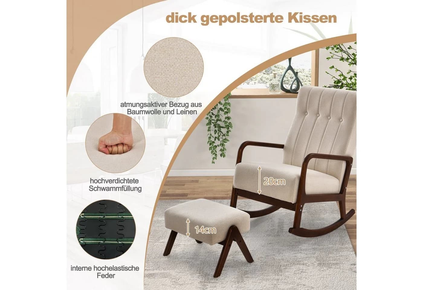 COSTWAY Schaukelstuhl mit Hocker Beige/Grau Massivholz - Bild 5