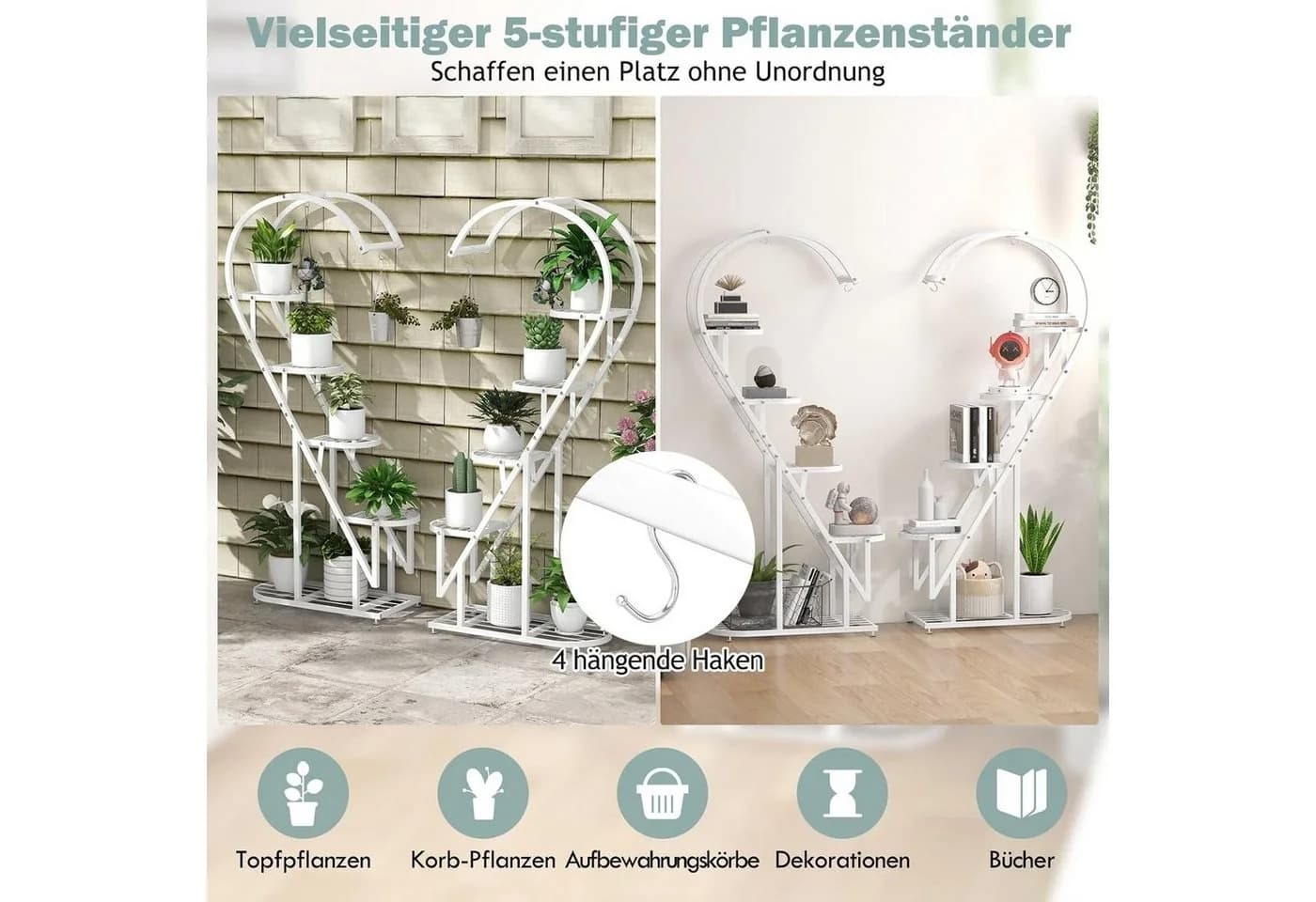 KOMFOTTEU 5-stufiger Metall-Pflanzenständer mit 4 Aufhängehaken