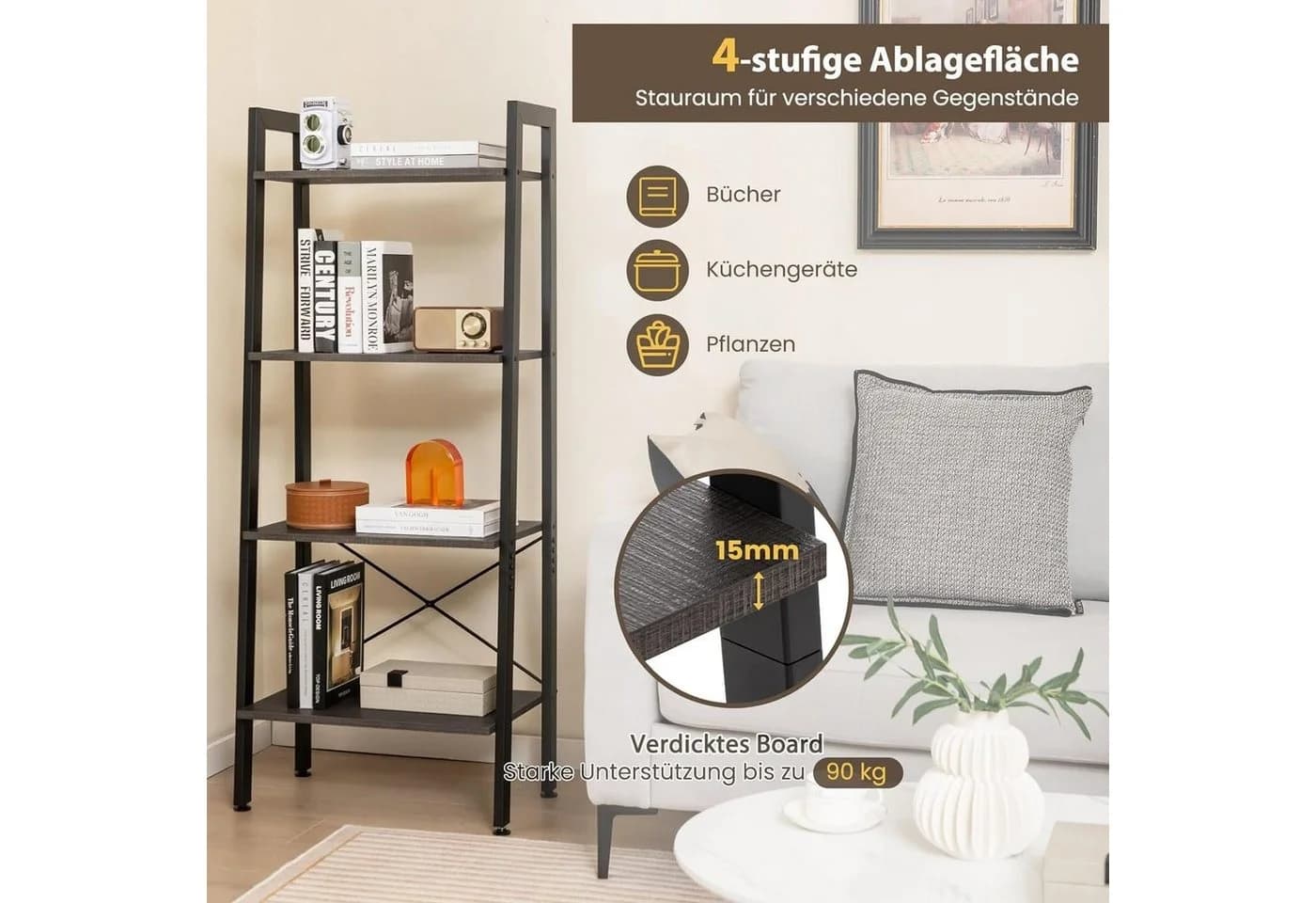 KOMFOTTEU Bücherregal Leiterregal 4 Ebenen Dunkelbraun - Bild 4