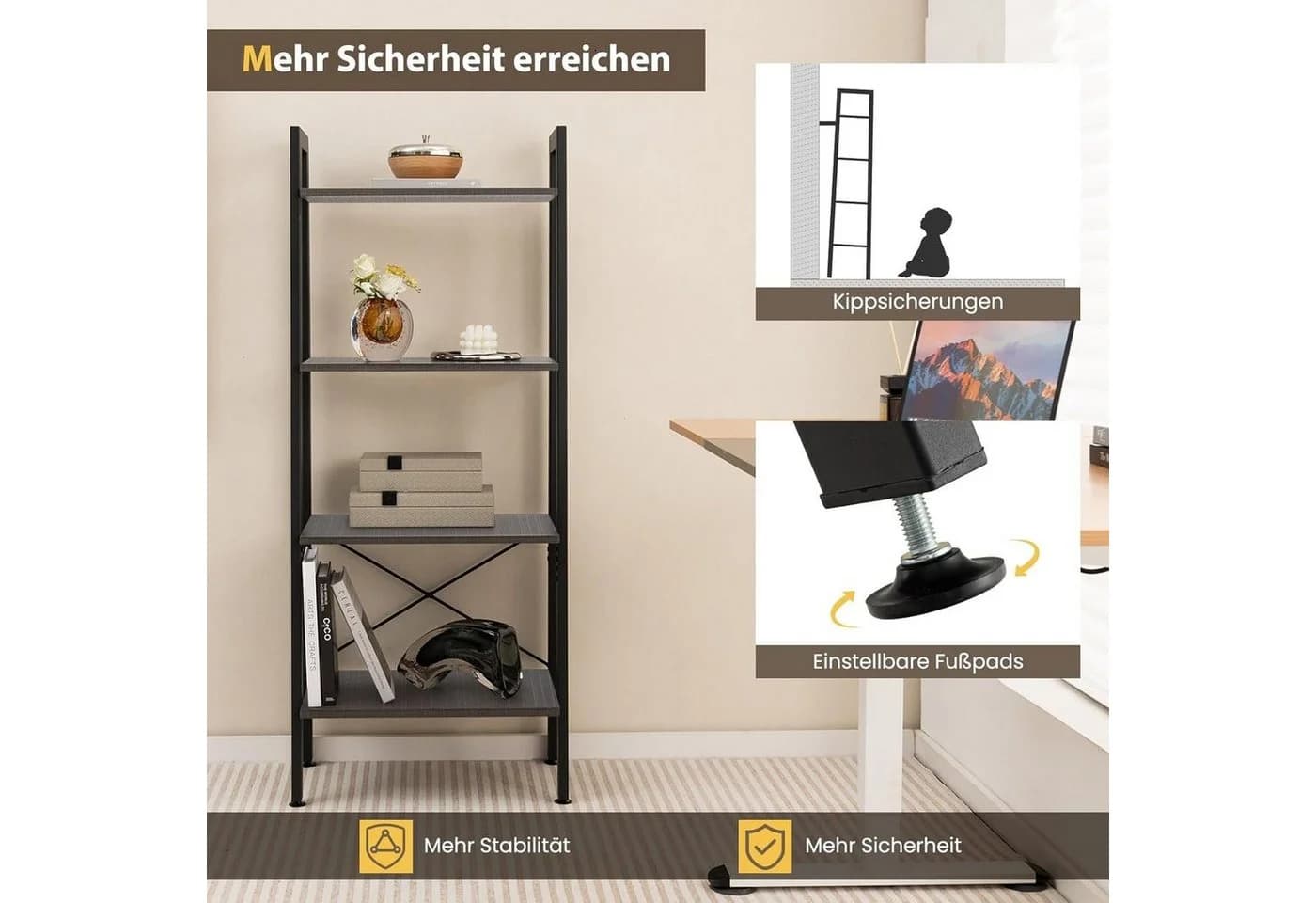 KOMFOTTEU Bücherregal Leiterregal 4 Ebenen Dunkelbraun - Bild 5