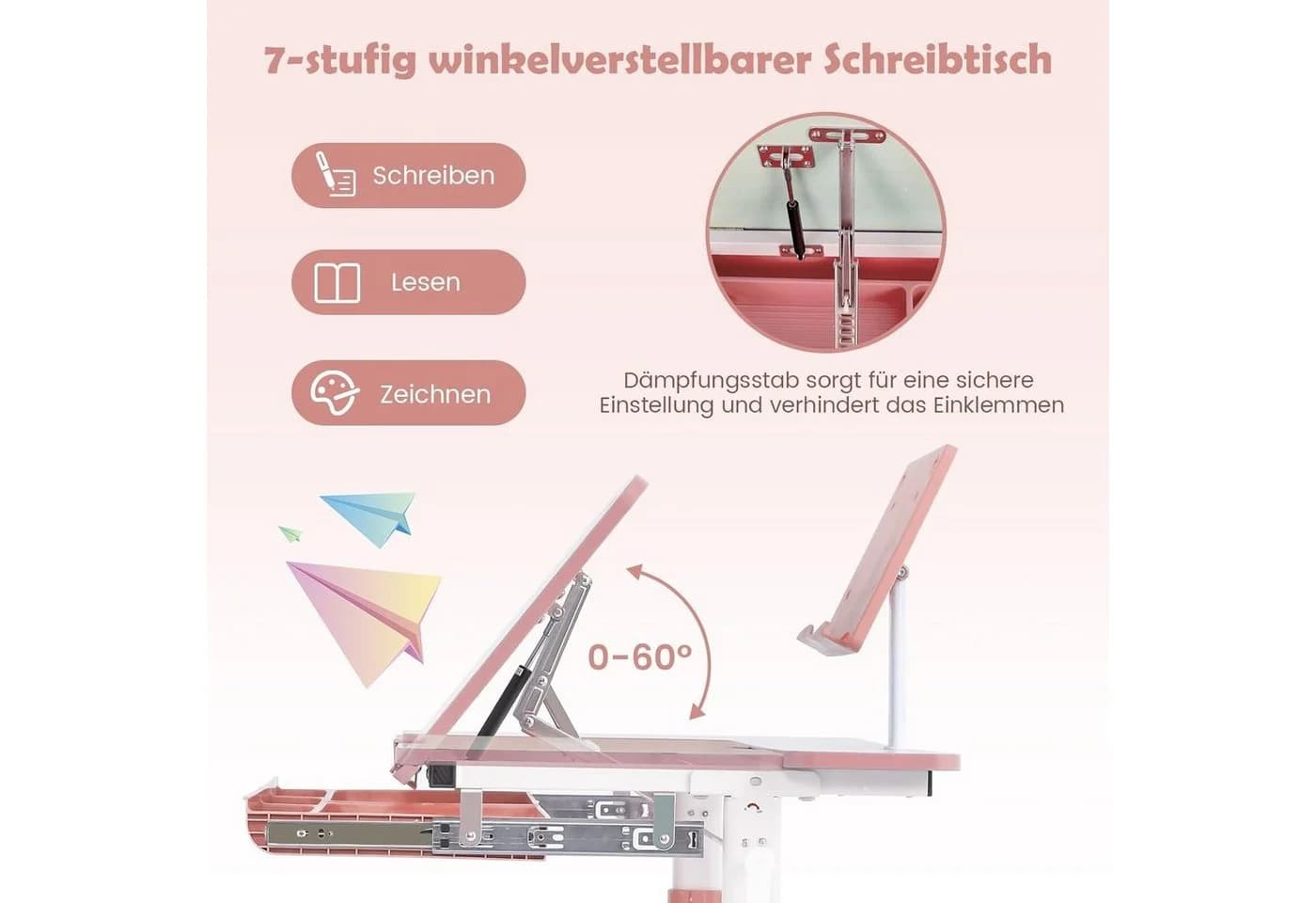 KOMFOTTEU Kinderschreibtisch mit verstellbarer Tischplatte & Bücherständer - Bild 4