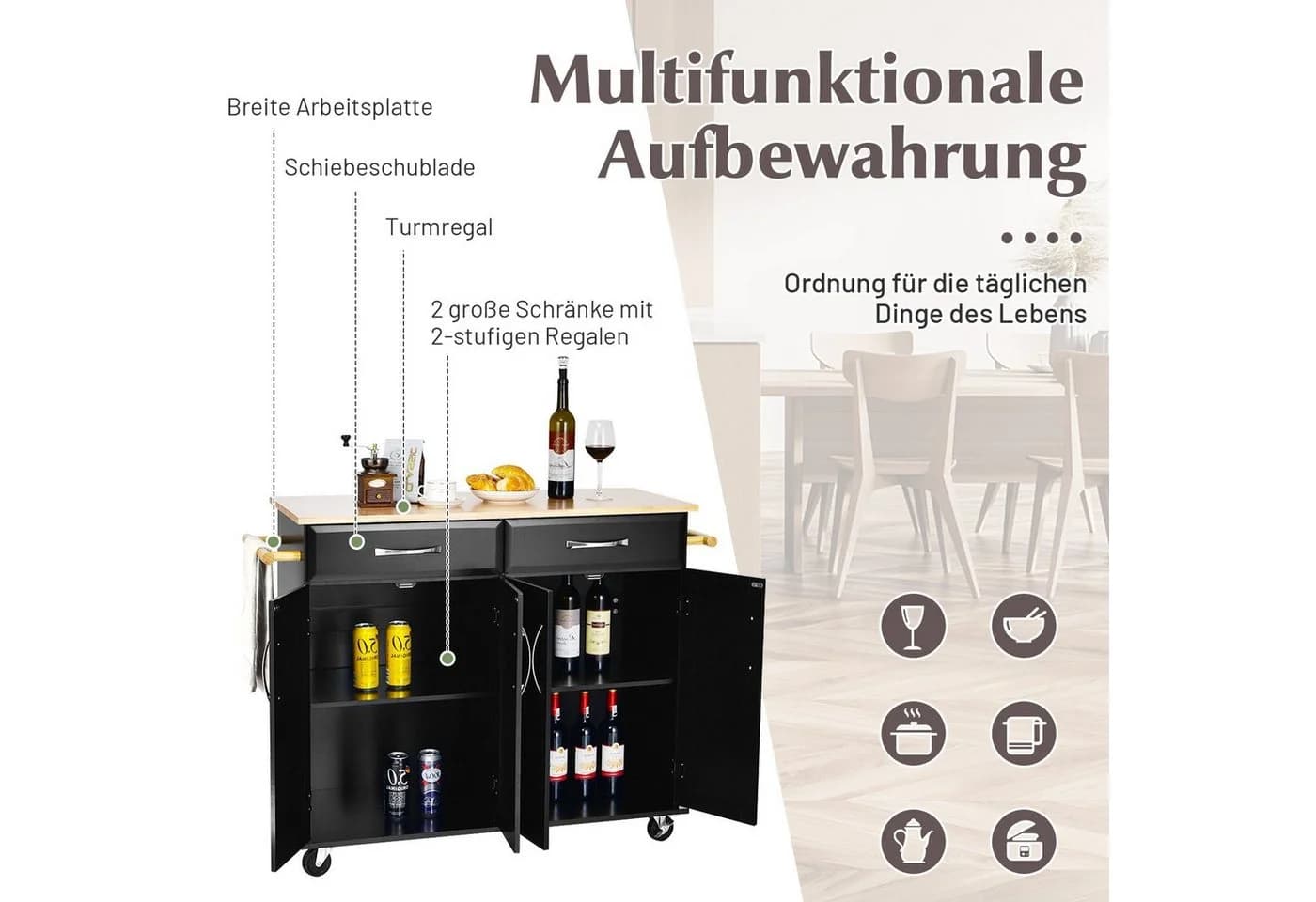 COSTWAY Küchenwagen Schwarz mit Schubladen, Rollen & Handtuchhalter - Bild 4