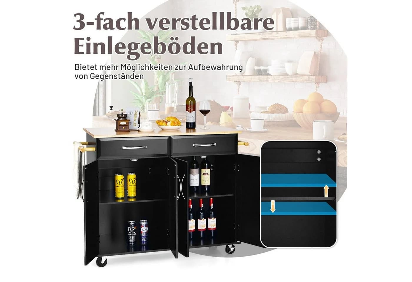 COSTWAY Küchenwagen Schwarz mit Schubladen, Rollen & Handtuchhalter - Bild 5