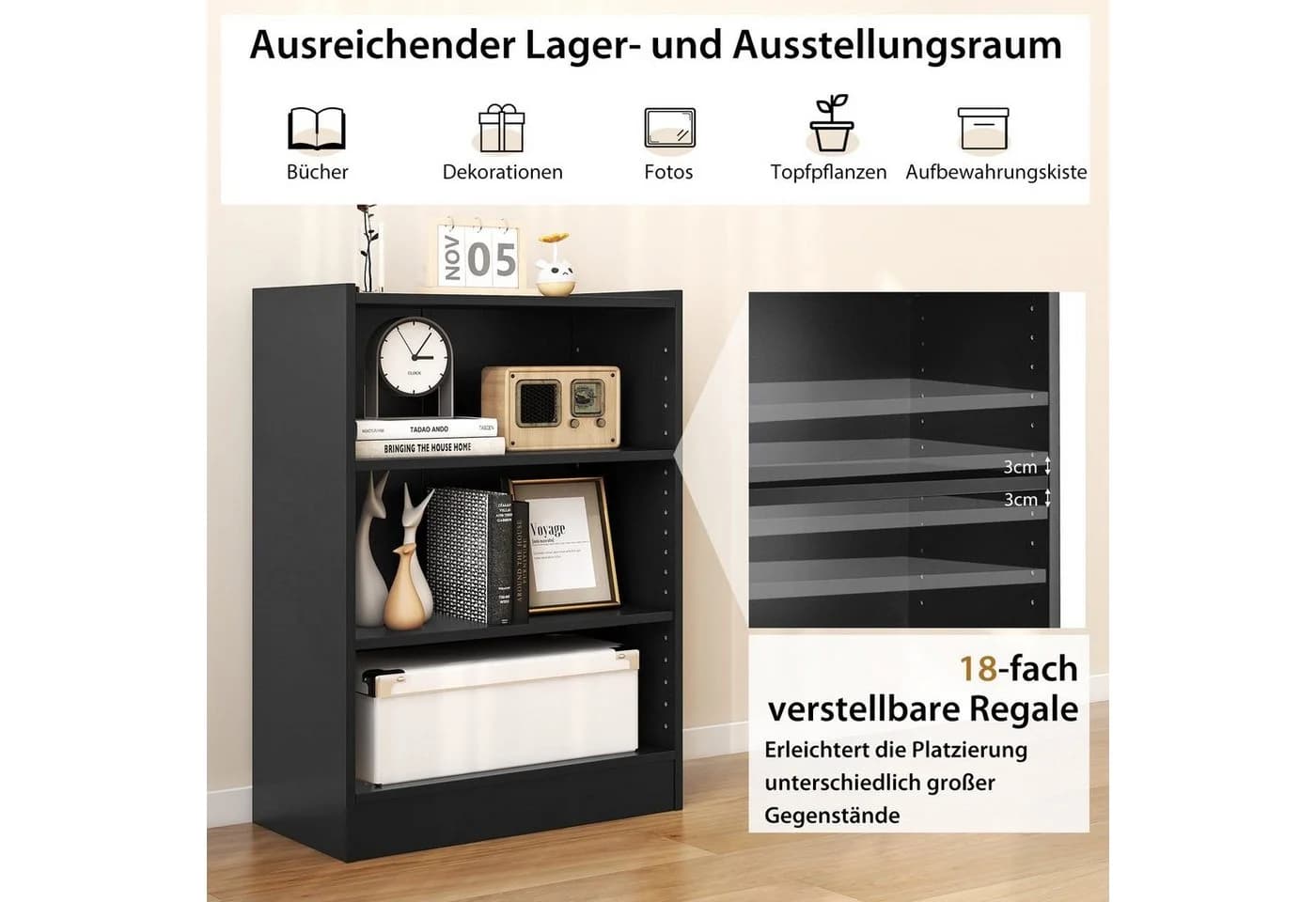 COSTWAY Bücherregal 3 Fächer Schwarz - Bild 4