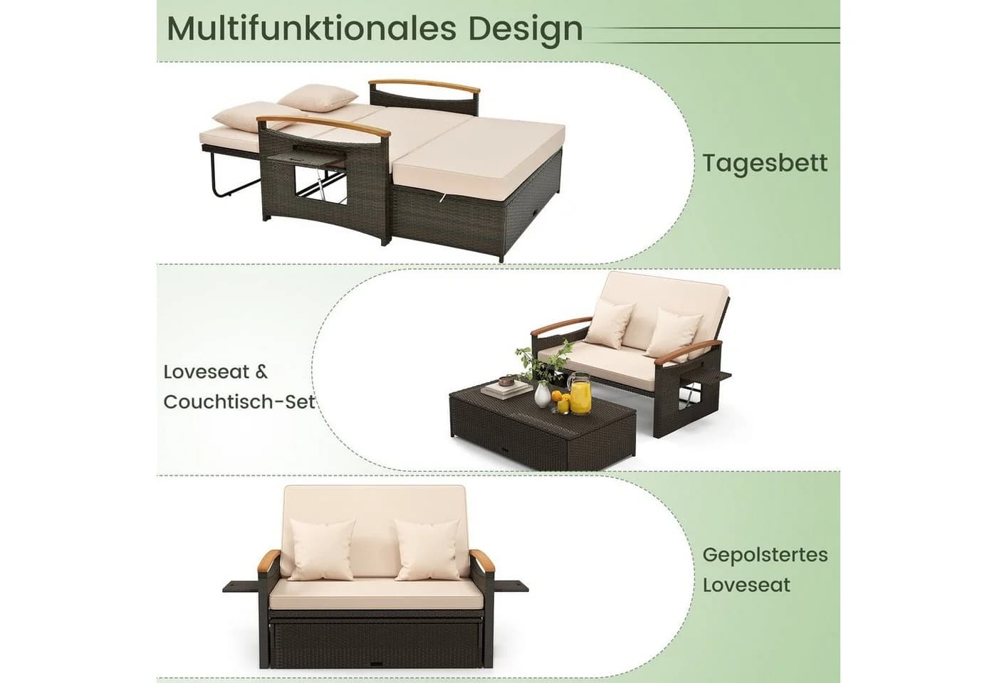 COSTWAY Rattan Loungebett 2-Personen mit verstellbarer Rückenlehne - Bild 3