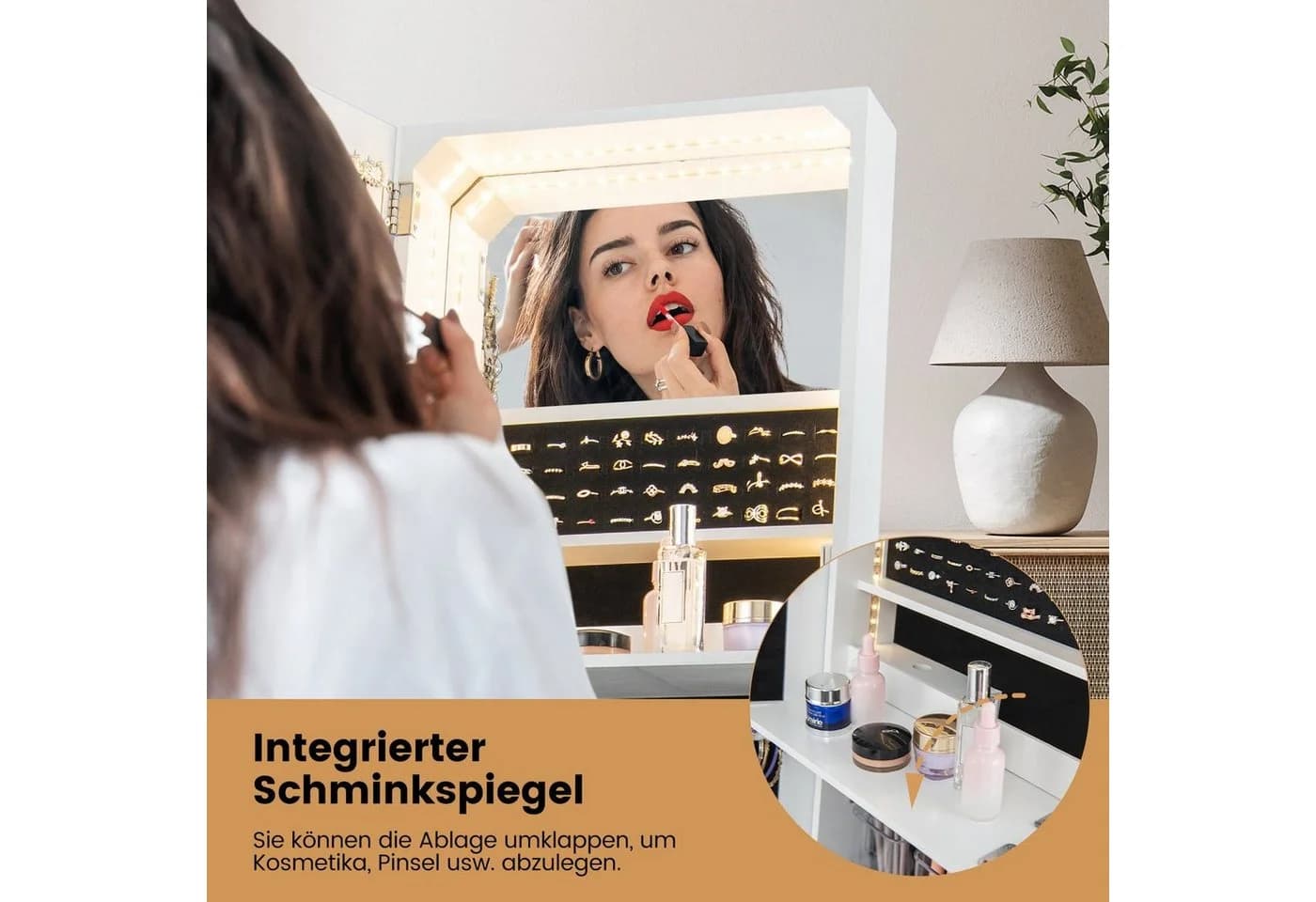 COSTWAY Schmuckschrank mit Spiegel, LED & abschließbarer Tür, stehend, braun - Bild 4