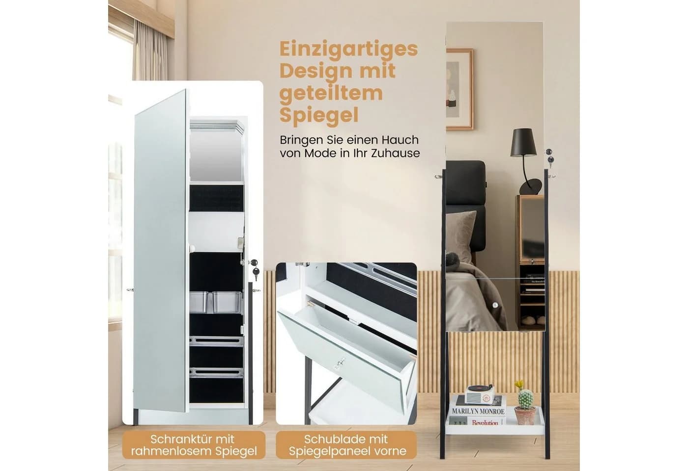 COSTWAY Schmuckschrank mit Spiegel, LED & abschließbarer Tür, stehend, braun - Bild 5