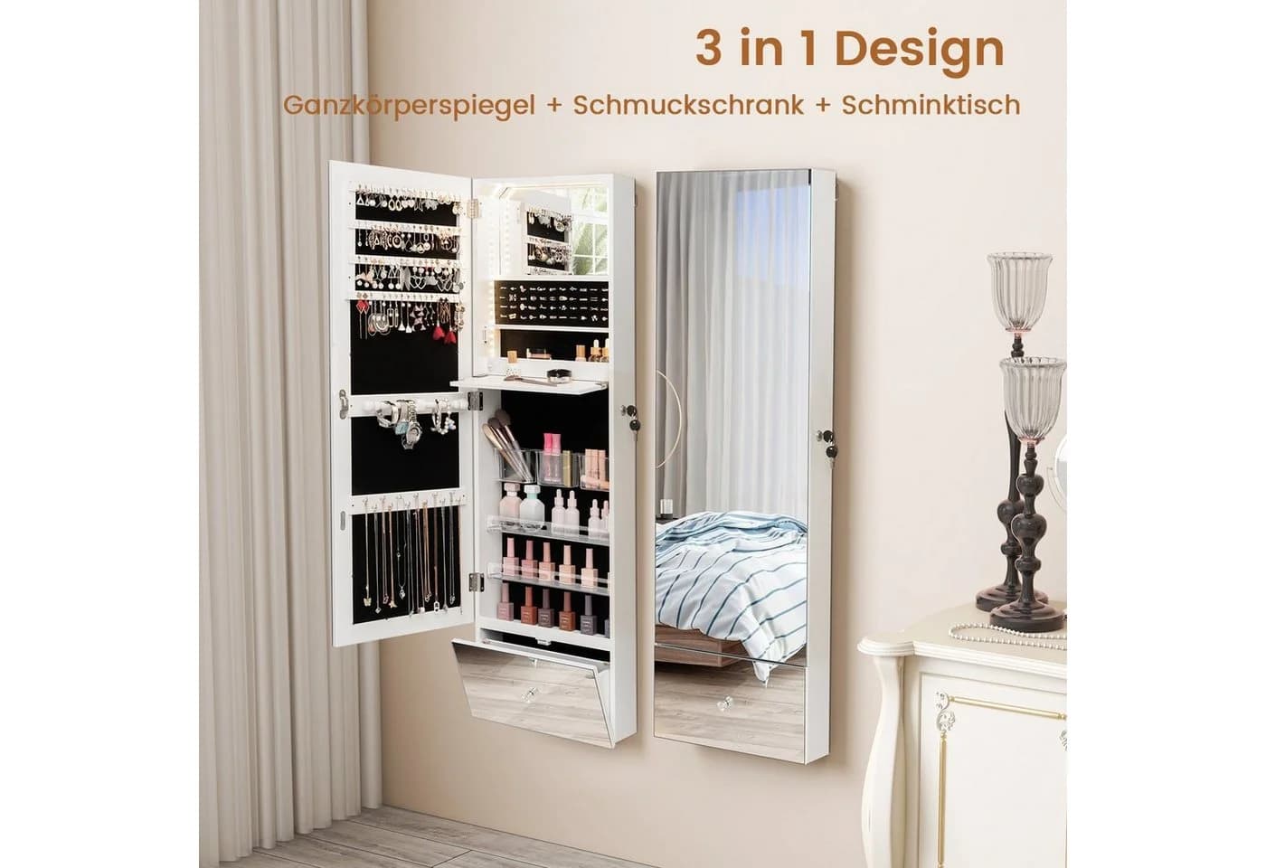 COSTWAY Schmuckschrank mit Spiegel LED & abschließbarer Tür hängend Weiß