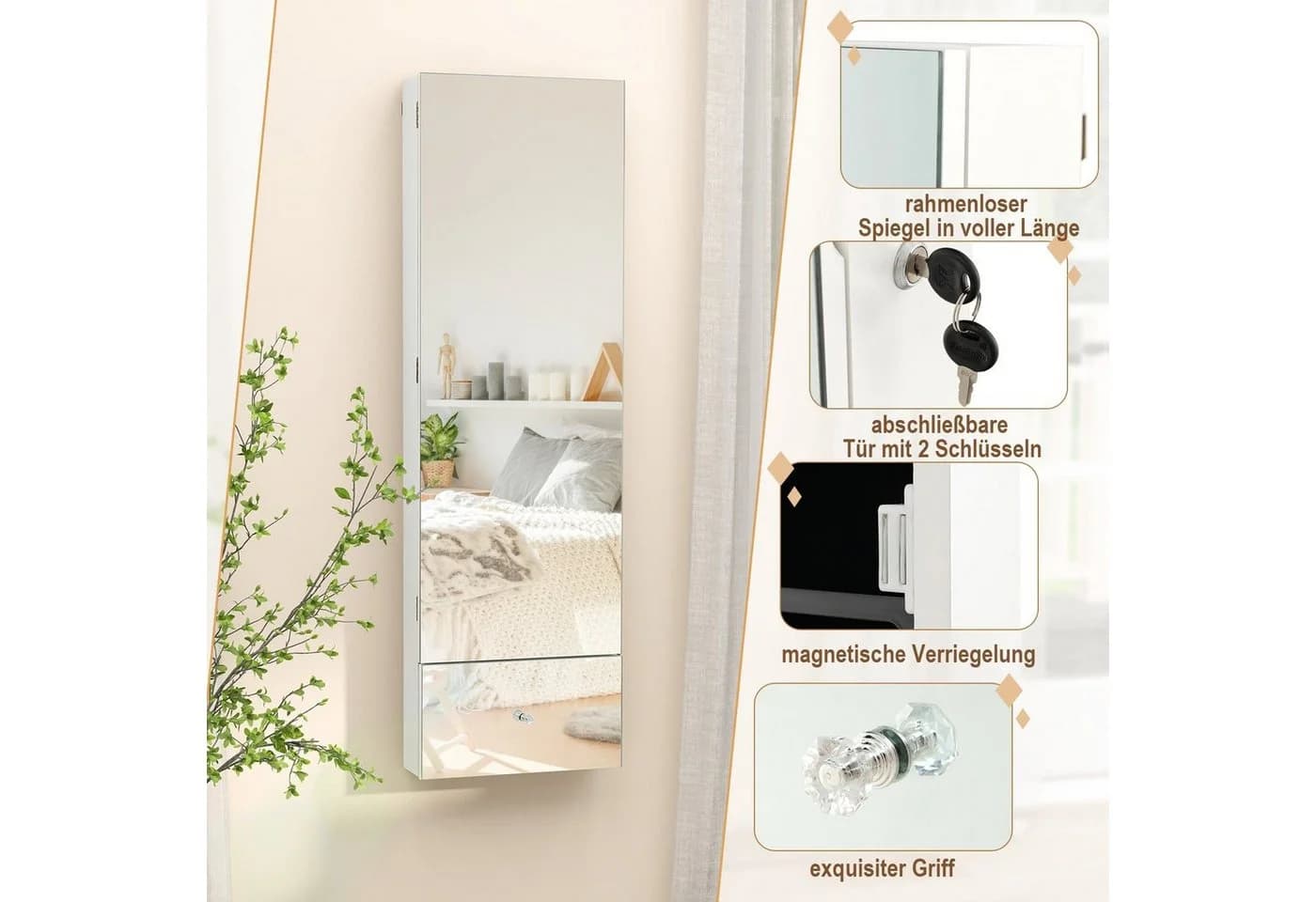 COSTWAY Schmuckschrank mit Spiegel LED & abschließbarer Tür hängend Weiß - Bild 5