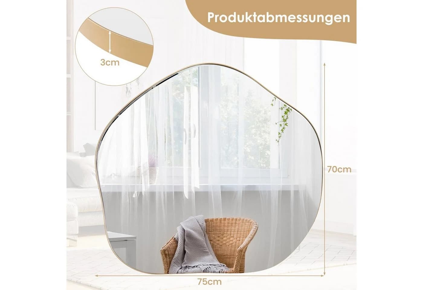 COSTWAY Wandspiegel Asymmetrisch Schwarz/Gold HD-Reflexion - Bild 3