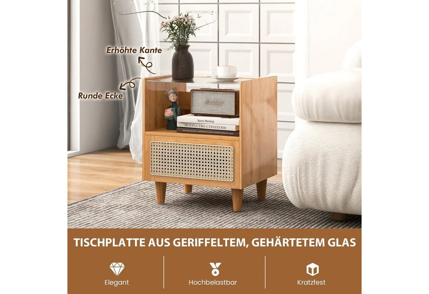 COSTWAY Nachttisch Rattan Beistelltisch mit Glastischplatte - Bild 3