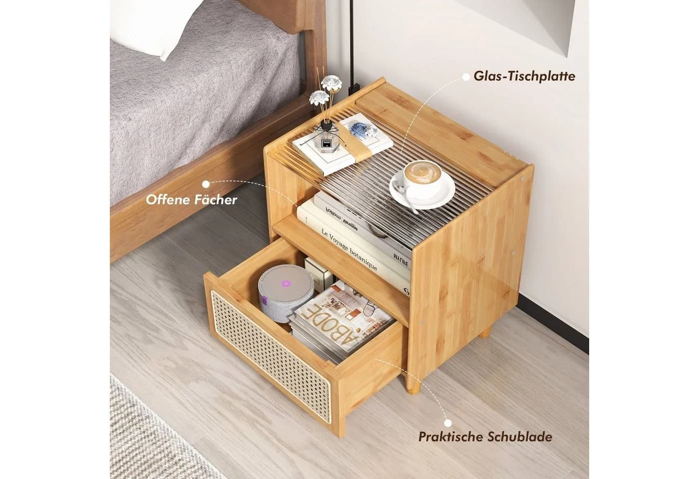COSTWAY Nachttisch Rattan Beistelltisch mit Glastischplatte - Bild 4