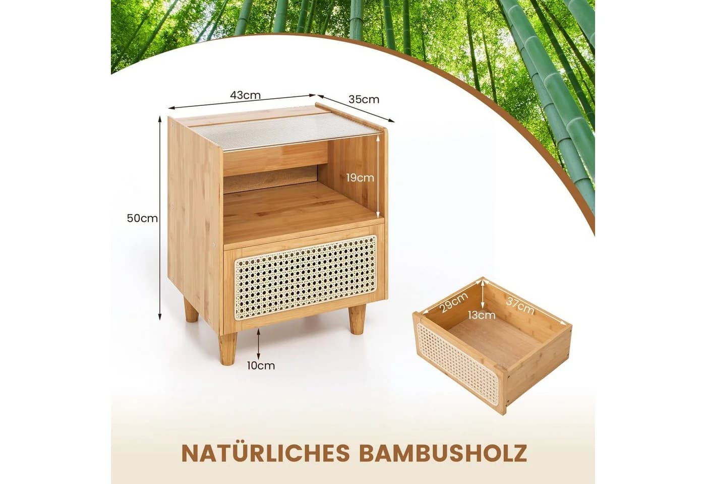 COSTWAY Nachttisch Rattan Beistelltisch mit Glastischplatte - Bild 5