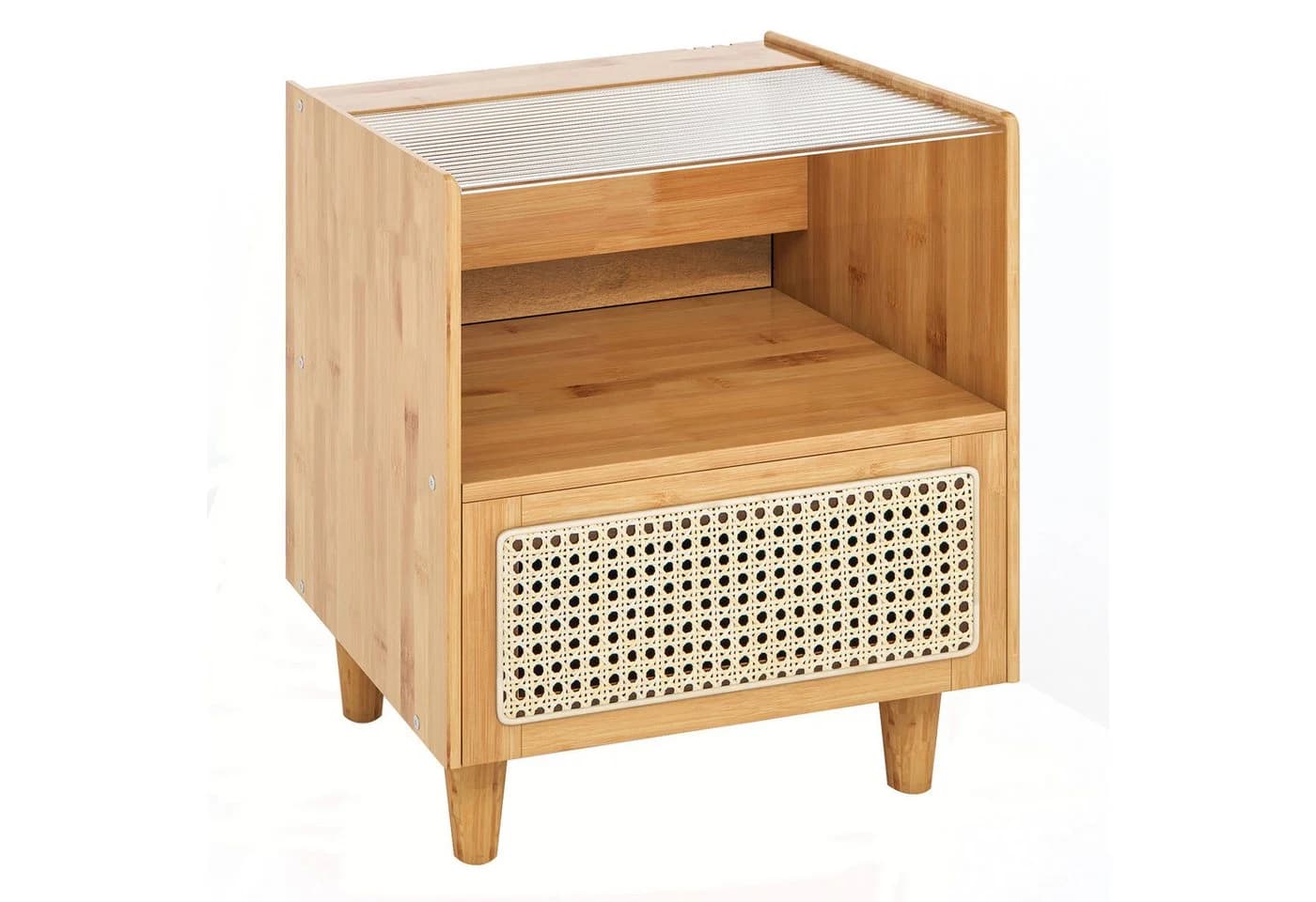 COSTWAY Nachttisch 2er-Set Rattan mit Glastischplatte Bambus - Bild 2