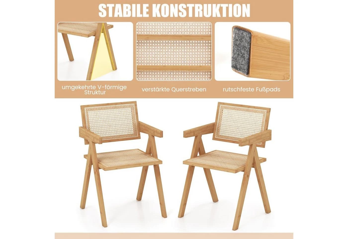 COSTWAY Esszimmerstuhl 2 St. Bambus & Rattan 130kg - Bild 4