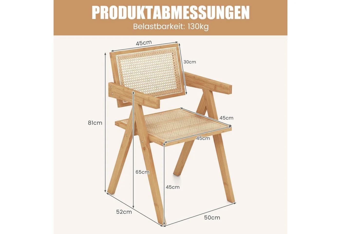 COSTWAY Esszimmerstuhl 2 St. Bambus & Rattan 130kg - Bild 5