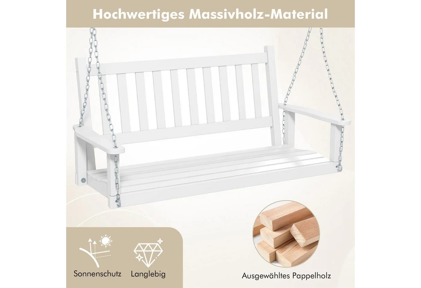 COSTWAY Hollywoodschaukel 2-Sitzer Hängebank Weiß Pappelholz Metall - Bild 3