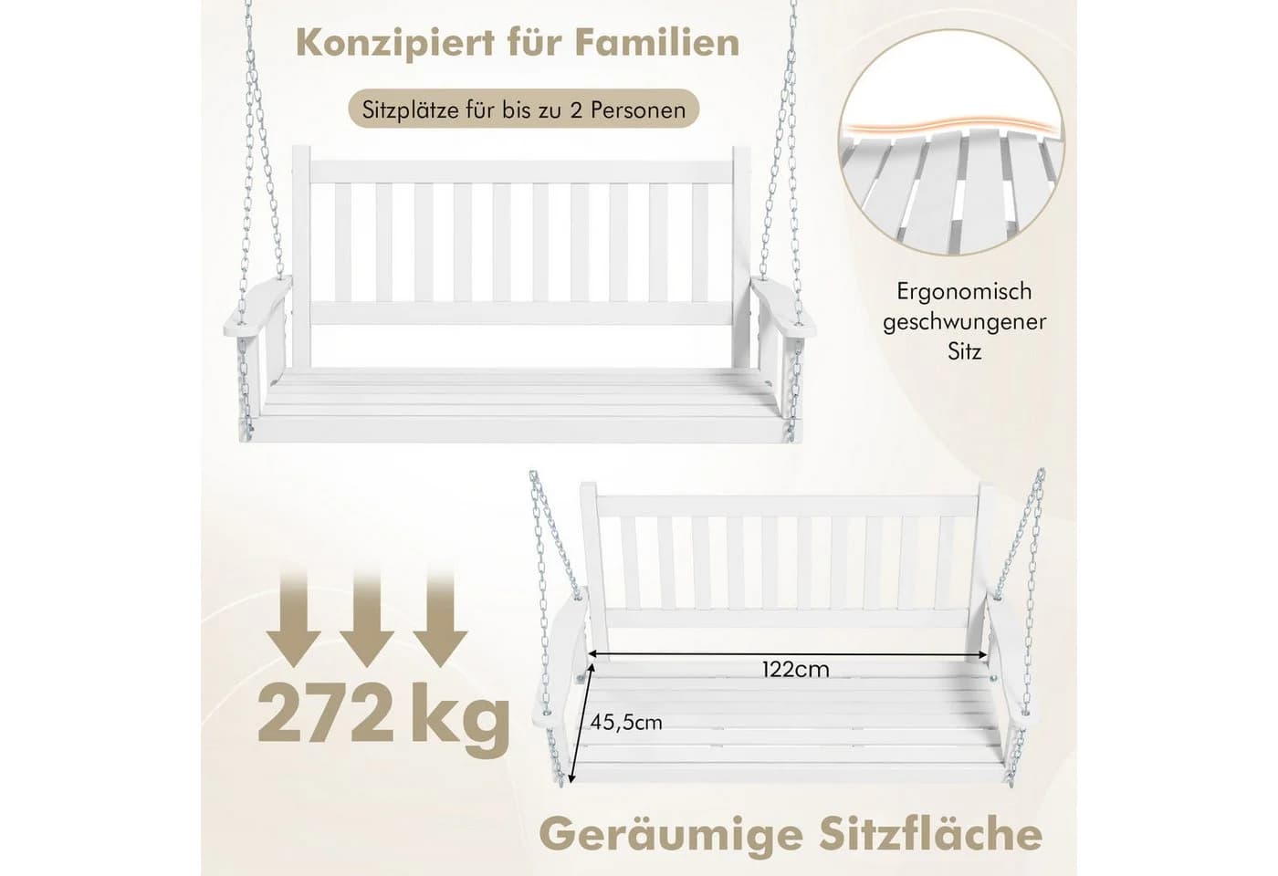 COSTWAY Hollywoodschaukel 2-Sitzer Hängebank Weiß Pappelholz Metall - Bild 4