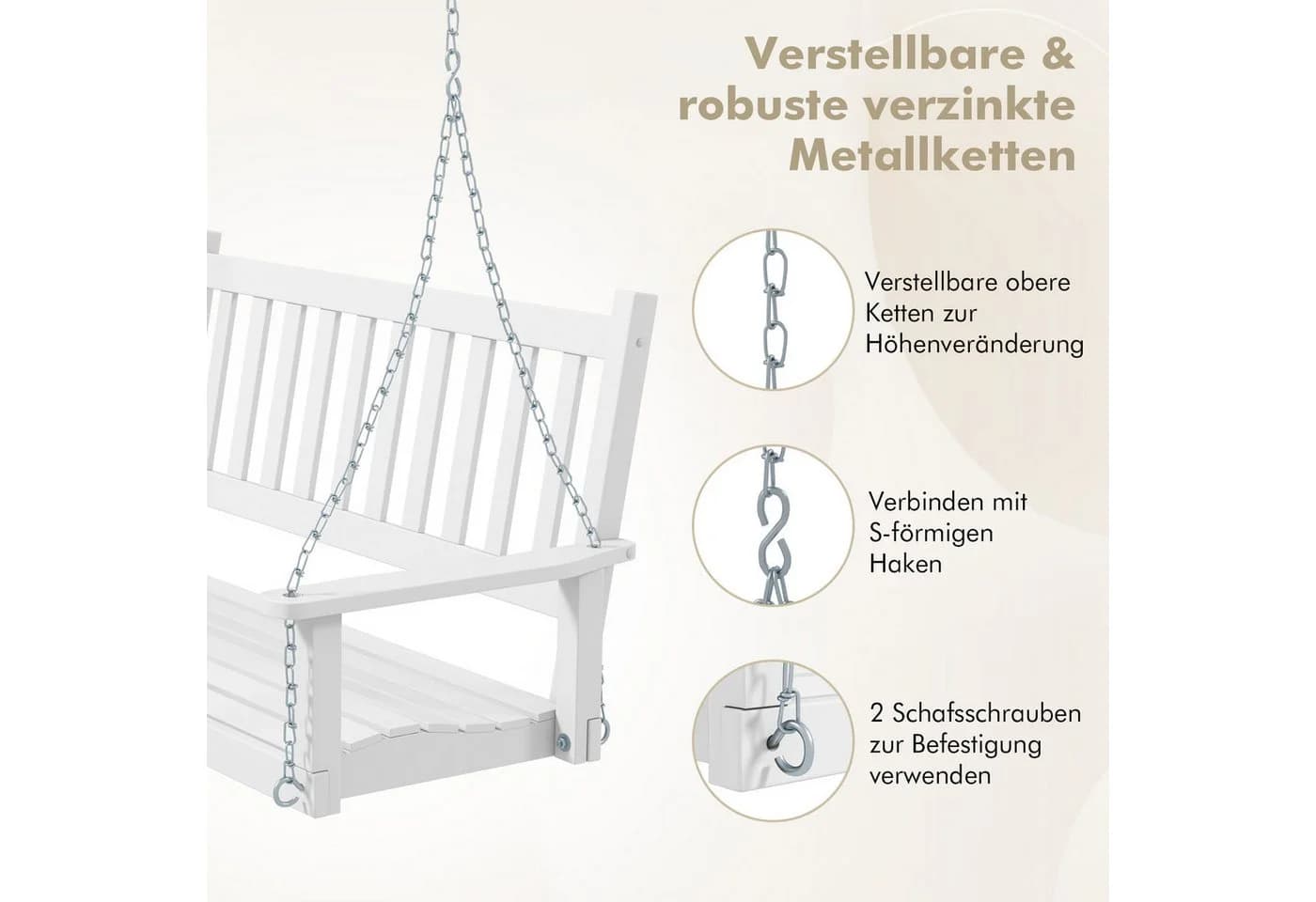 COSTWAY Hollywoodschaukel 2-Sitzer Hängebank Weiß Pappelholz Metall - Bild 5