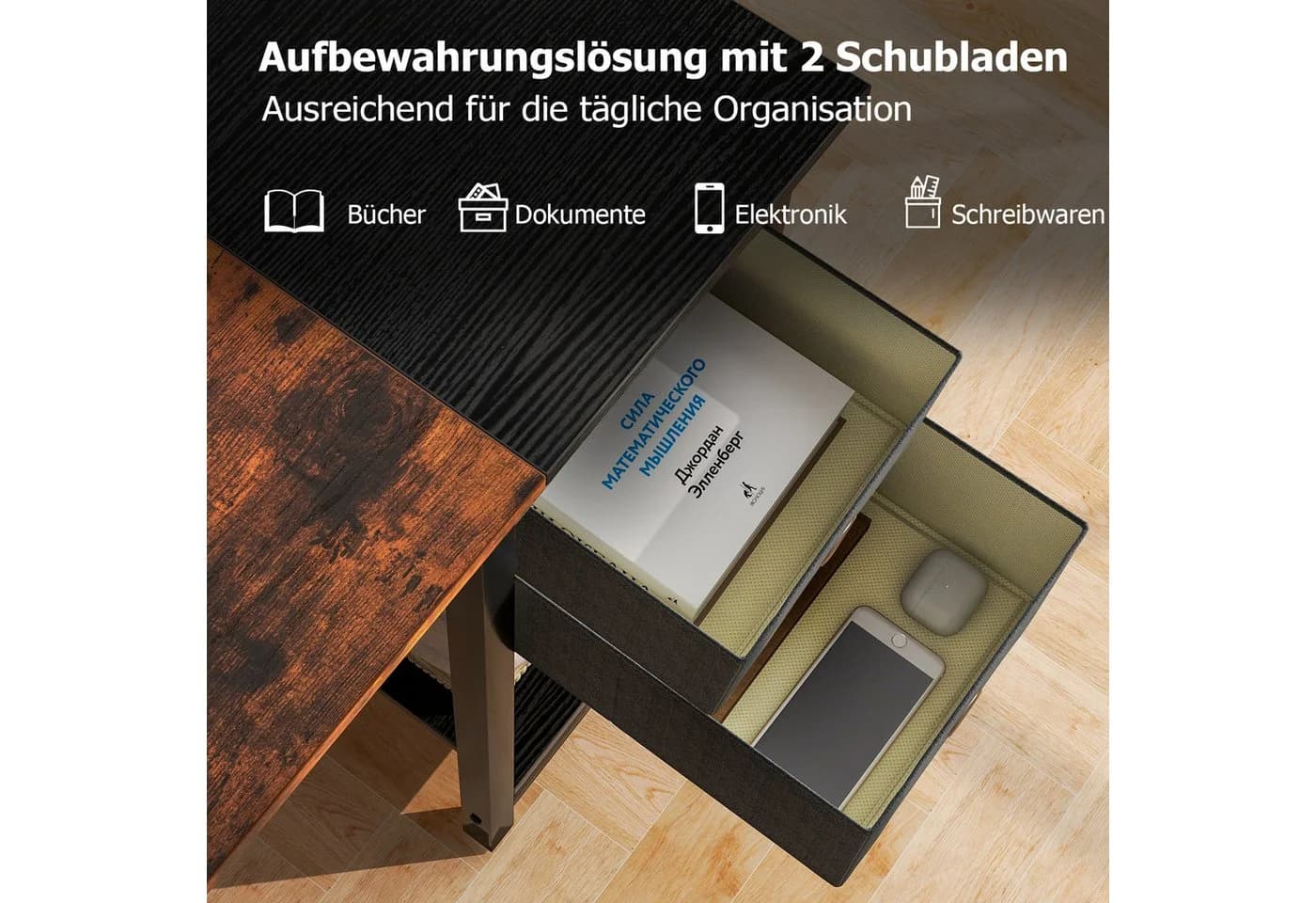 KOMFOTTEU Computertisch mit Kopfhörerhaken, Regal & 2 Schubladen - Bild 5