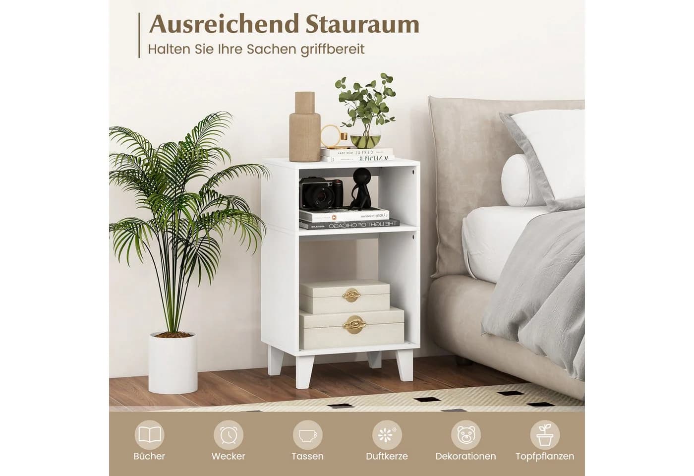 KOMFOTTEU Beistelltisch Weiß mit 3 Regalen & Holzbeinen - Bild 3