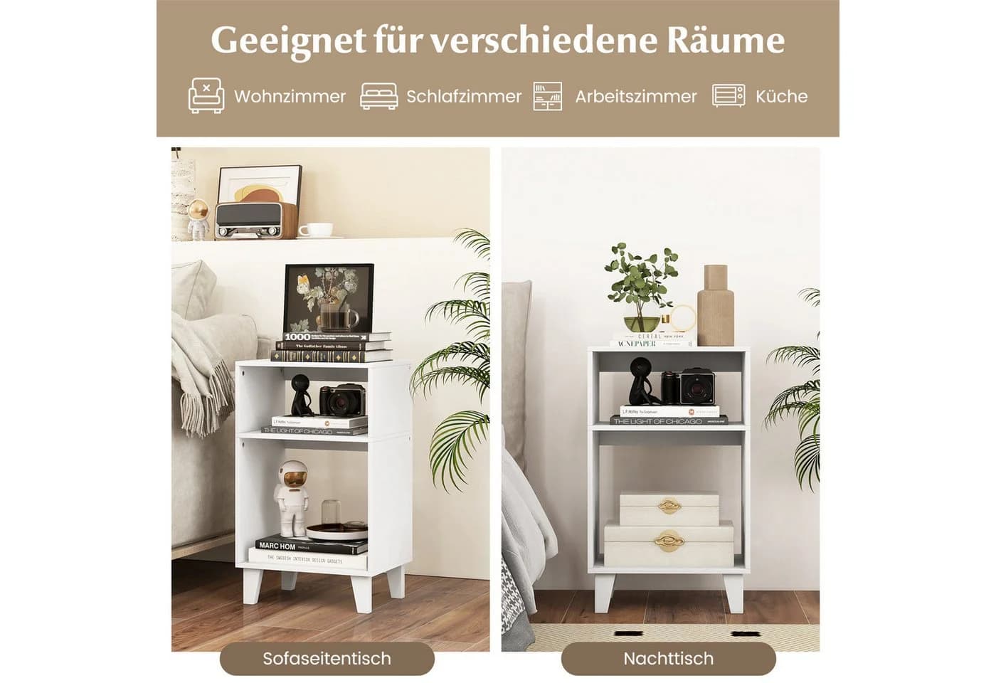 KOMFOTTEU Beistelltisch Weiß mit 3 Regalen & Holzbeinen - Bild 5