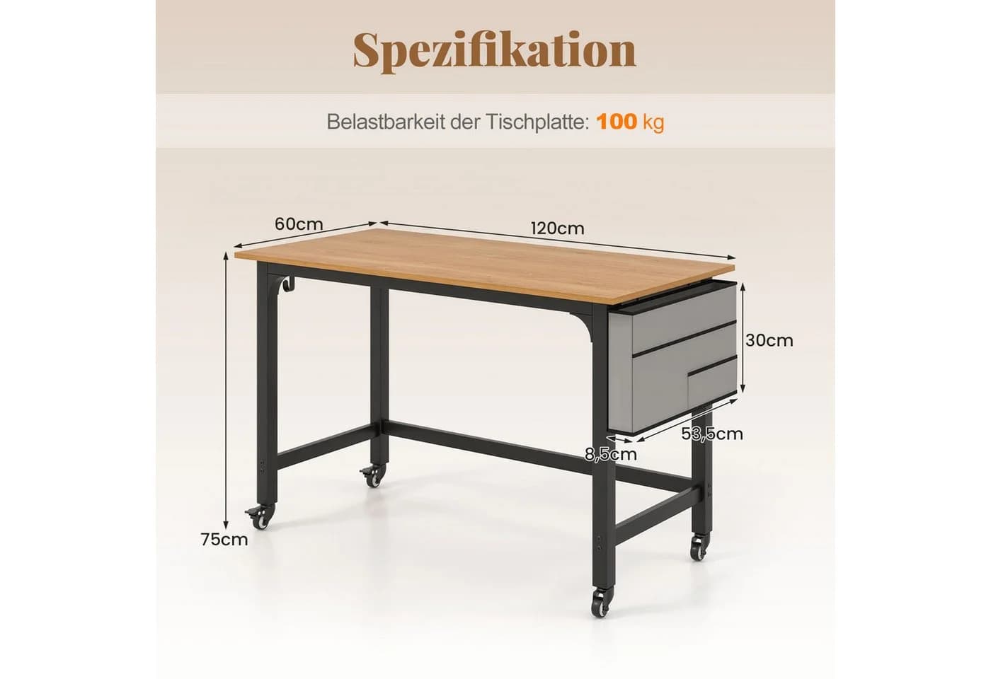 COSTWAY Schreibtisch 120 cm mit Rollen bis 95 kg - Bild 5