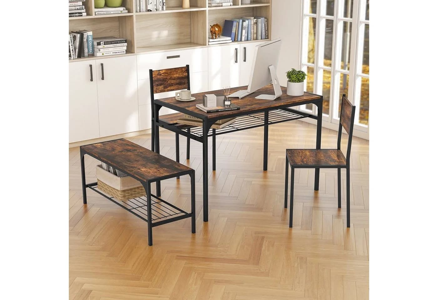 COSTWAY Essgruppe 4-tlg. mit Regal Rustikales Braun Metall