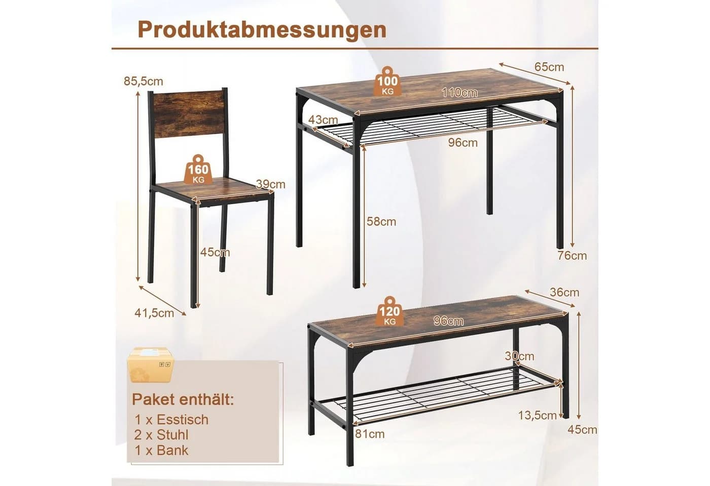 COSTWAY Essgruppe 4-tlg. mit Regal Rustikales Braun Metall - Bild 3