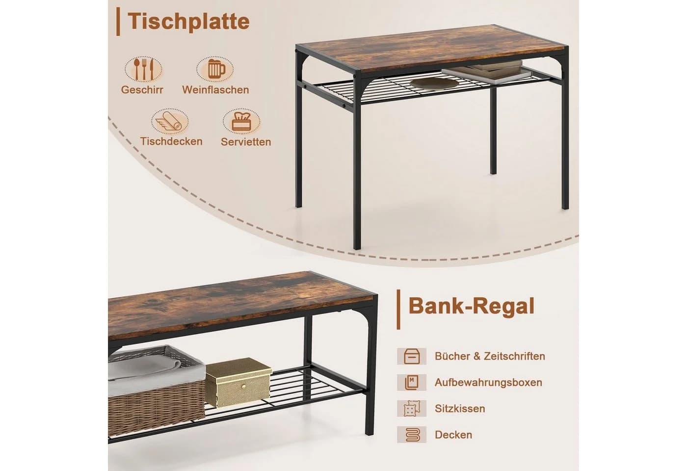 COSTWAY Essgruppe 4-tlg. mit Regal Rustikales Braun Metall - Bild 5