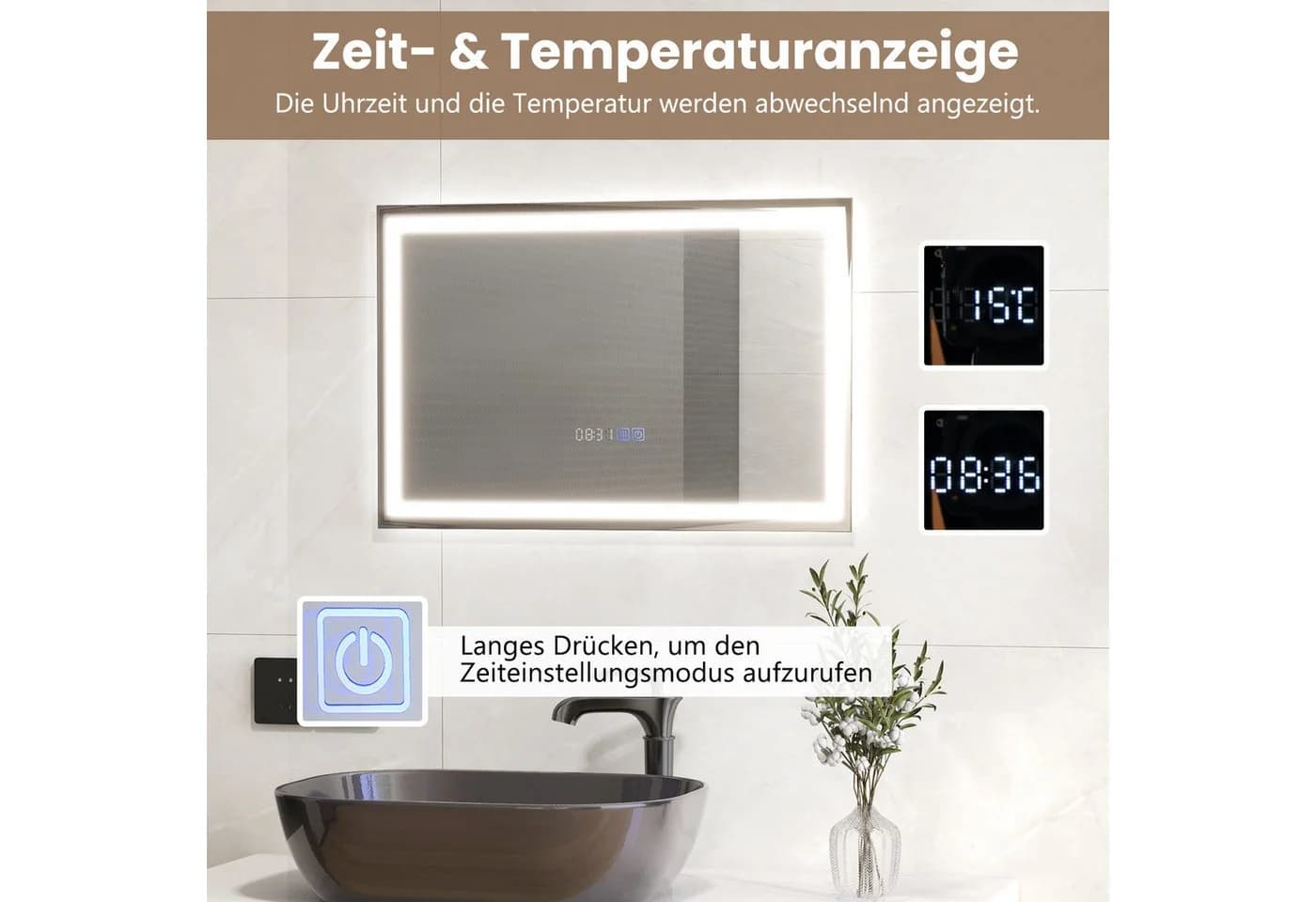 COSTWAY LED Badspiegel mit dimmbarer Beleuchtung & Anti-Beschlag-Funktion - Bild 3