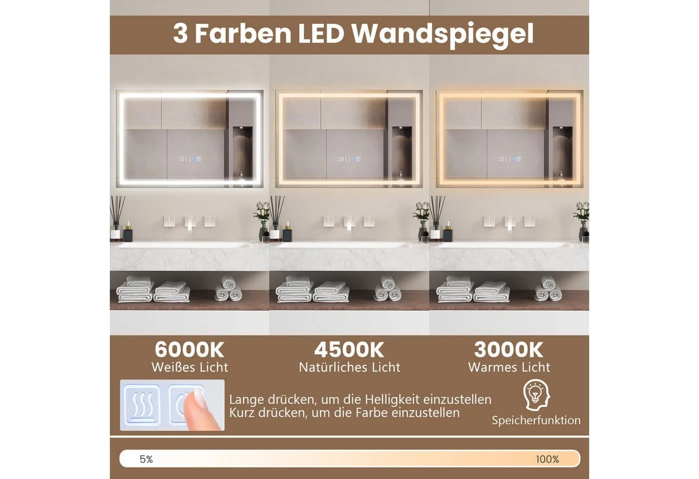 COSTWAY LED Badspiegel mit dimmbarer Beleuchtung & Anti-Beschlag-Funktion - Bild 4