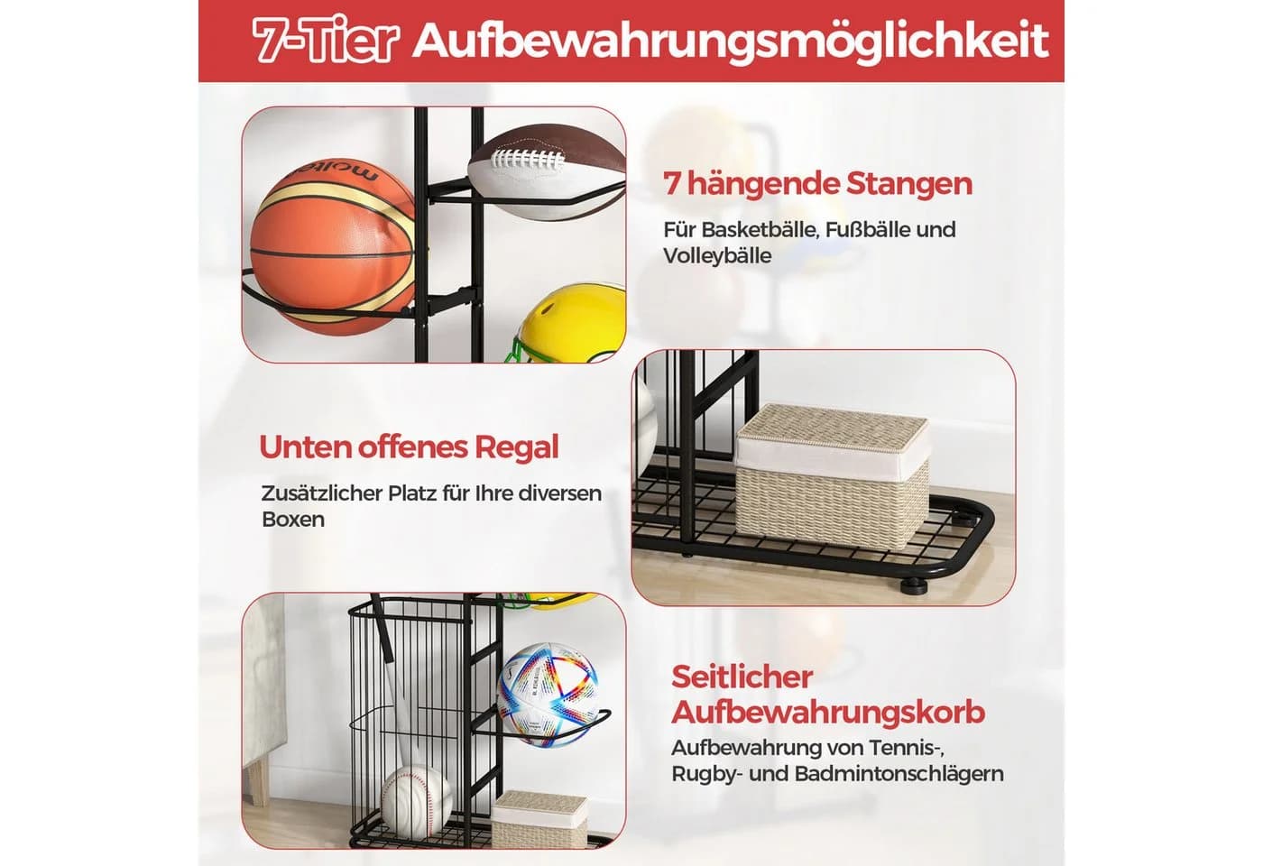 COSTWAY Sportgeräte-Regalwagen 7-stufiger Ball Lagerregal mit Korb, abnehmbar - Bild 4
