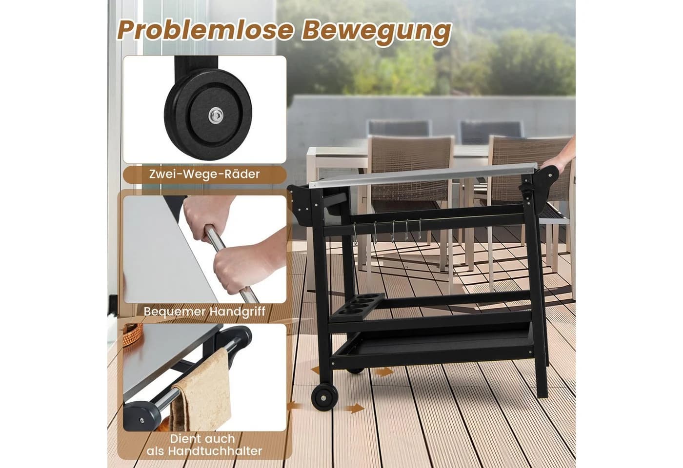 COSTWAY Grillablagetisch Schwarz Edelstahl mit Rollen