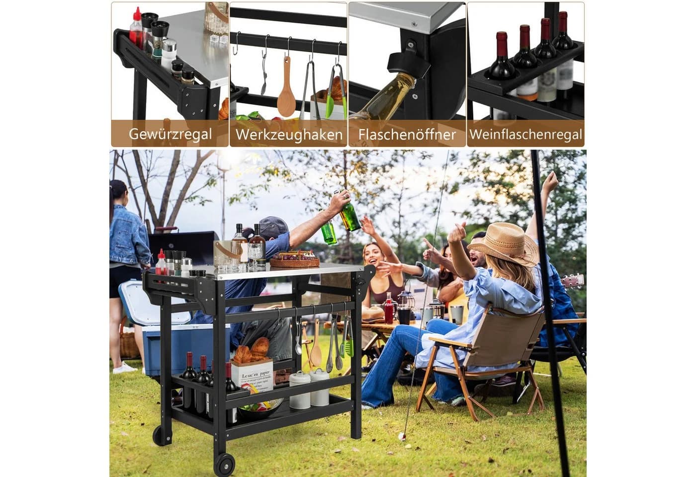 COSTWAY Grillablagetisch Schwarz Edelstahl mit Rollen - Bild 5