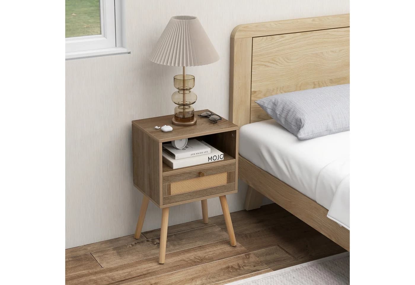 COSTWAY Nachttisch 2er Set Rattan Optik mit Schublade Natur