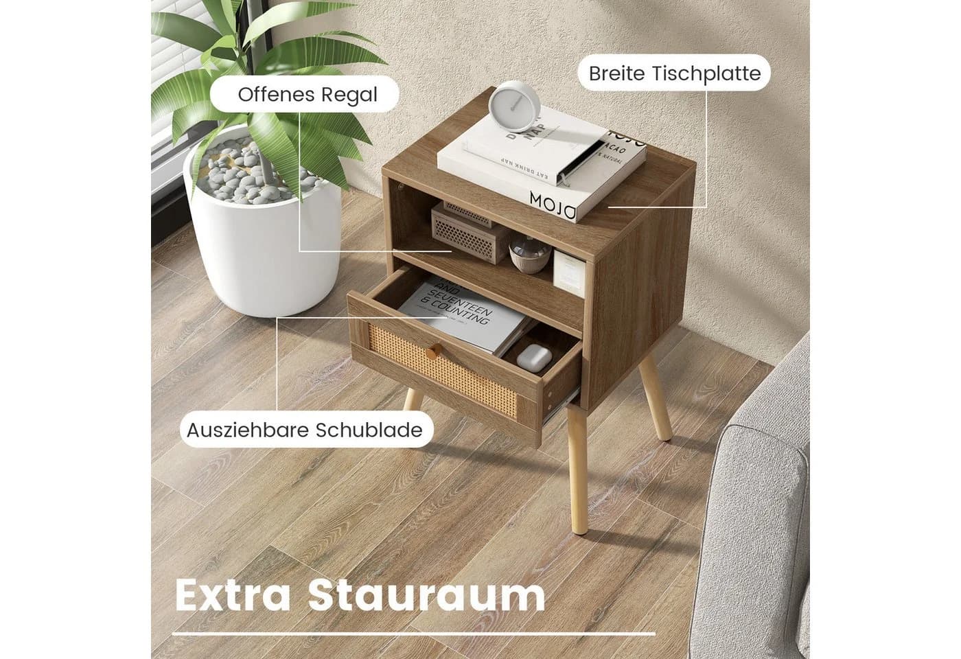 COSTWAY Nachttisch 2er Set Rattan Optik mit Schublade Natur - Bild 3