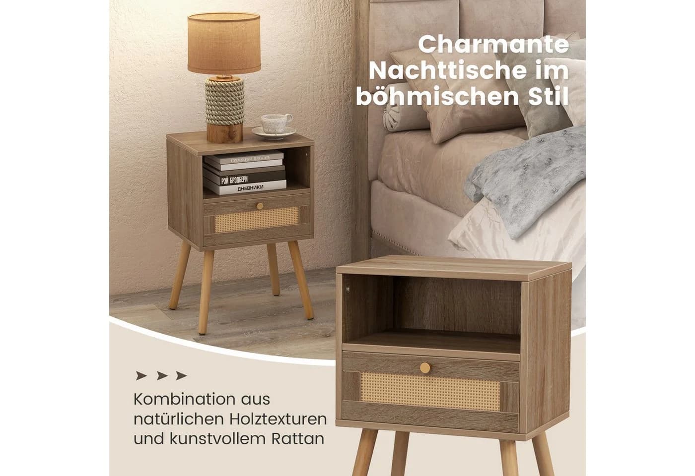 COSTWAY Nachttisch 2er Set Rattan Optik mit Schublade Natur - Bild 4