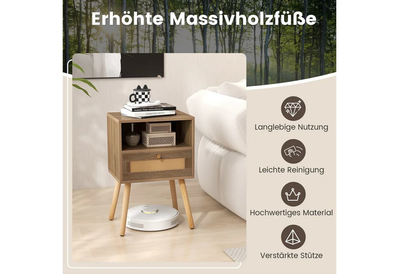 COSTWAY Nachttisch 2er Set Rattan Optik mit Schublade Natur - Bild 5