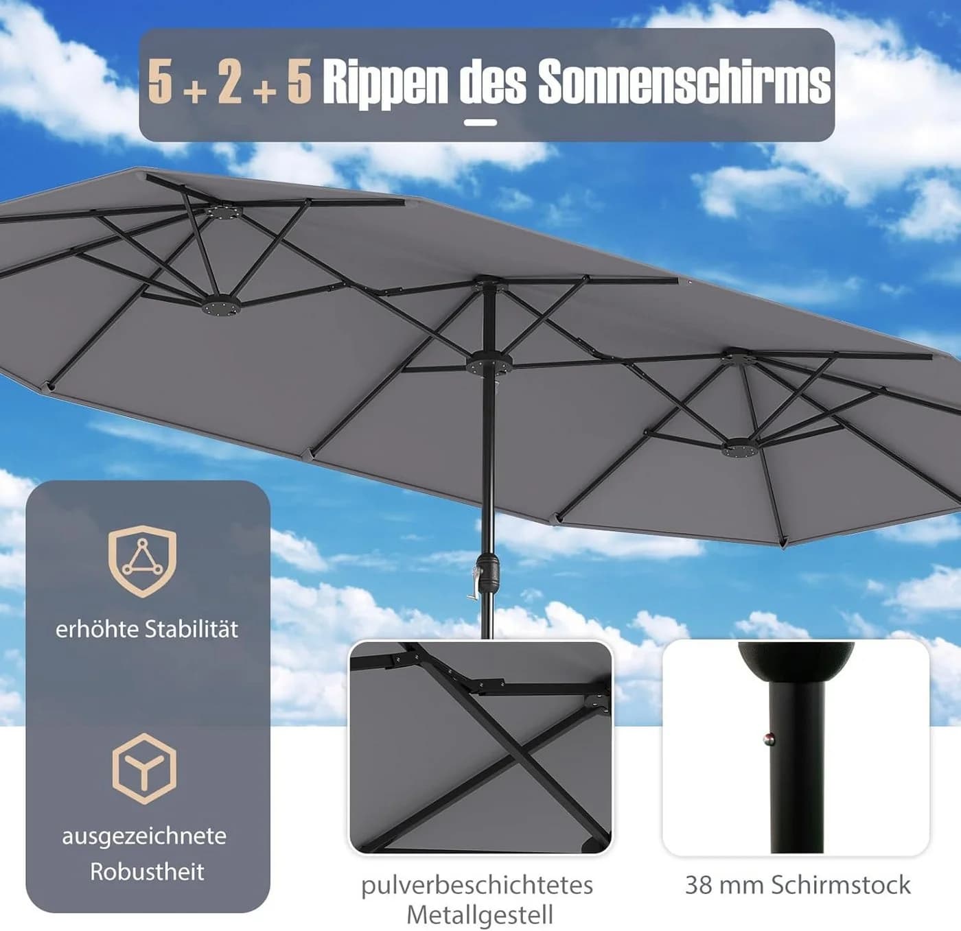 KOMFOTTEU Sonnenschirm mit Ständer Grau 400x200 cm - Bild 4