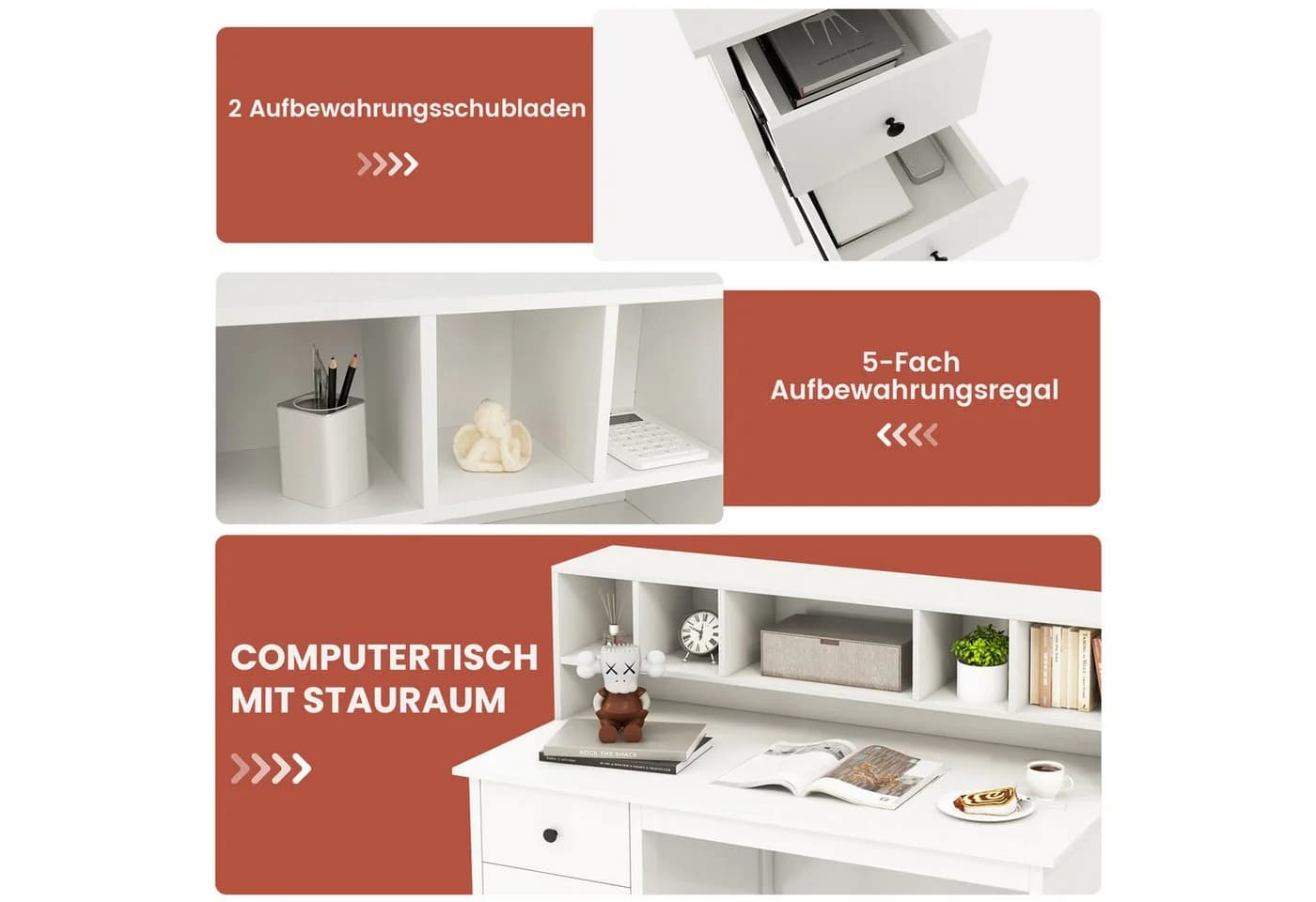 COSTWAY Schreibtisch mit 2 Schubladen & 5 Fächern - Bild 5