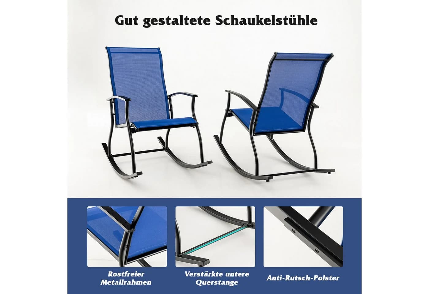 COSTWAY Schaukelstuhl 2er Set Gartenstuhl Marineblau Schwarz